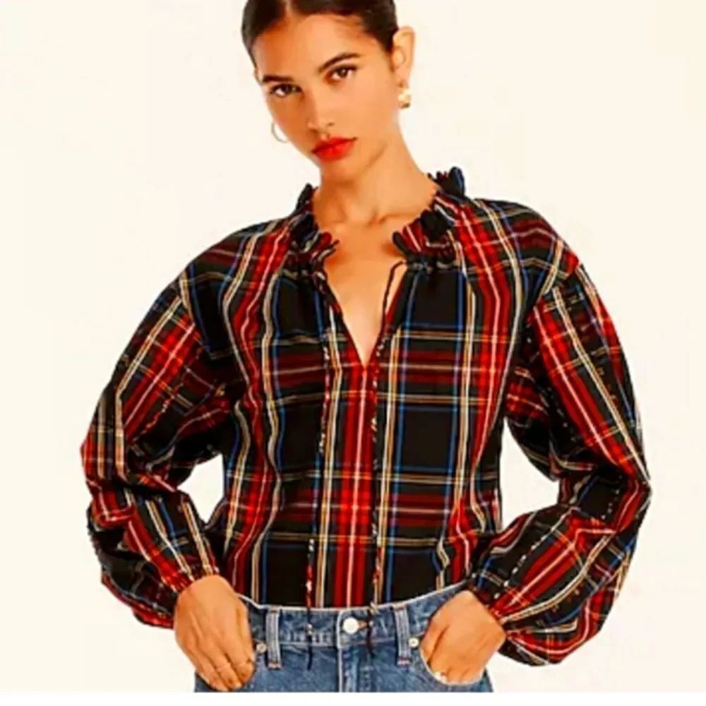 J CREW Tartan Plaid Cotton Ruffleneck Blouse Sz XSMALL NWT